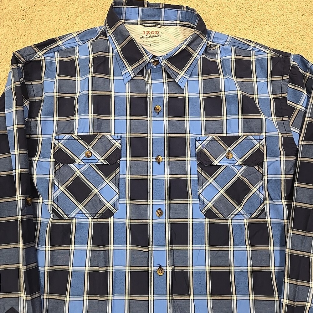 Izod Shirt Mens XL Button-Up Blue Surfcaster Plaid Roll-Tab Long Sleeves Fishing